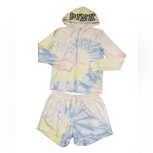 vs pink tie dye zip up hoodie and shorts set